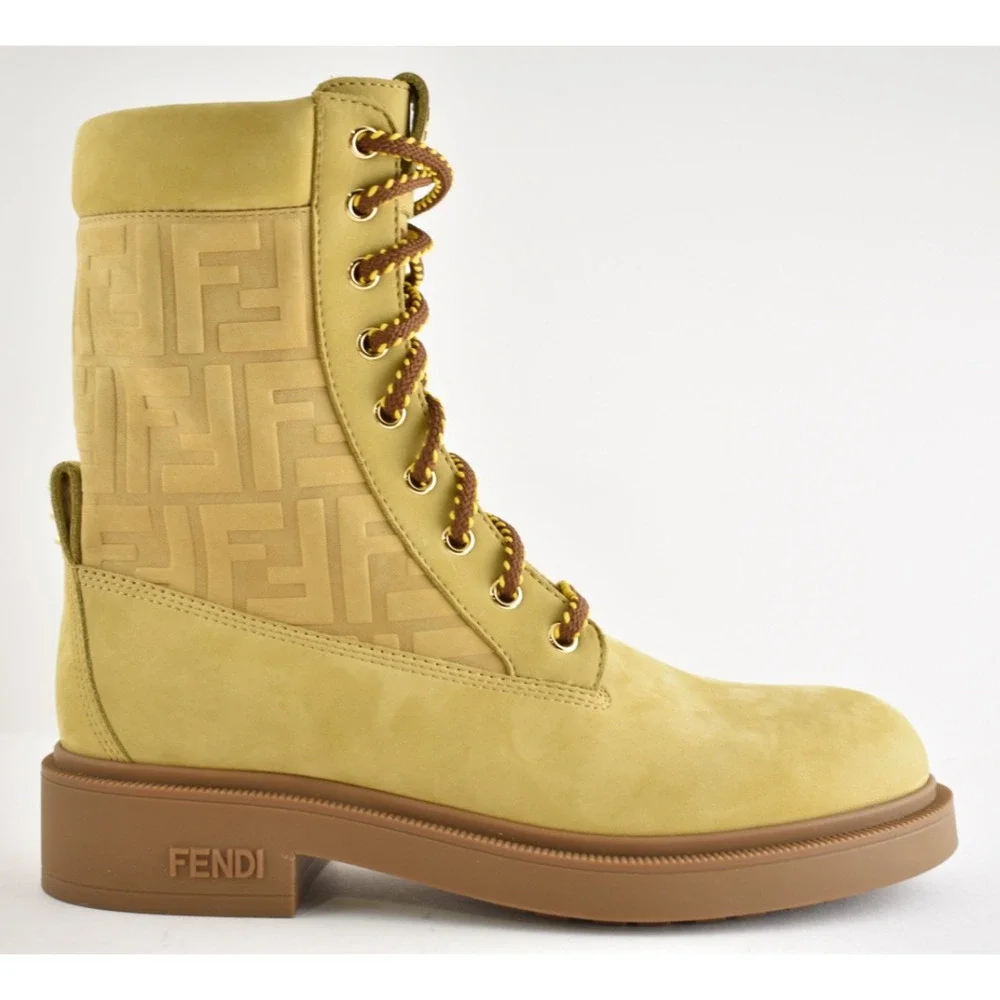 Fendi Filo Beige Nubuck FF Embossed Logo Lace Up Tie Logo Combat Biker Boot 38